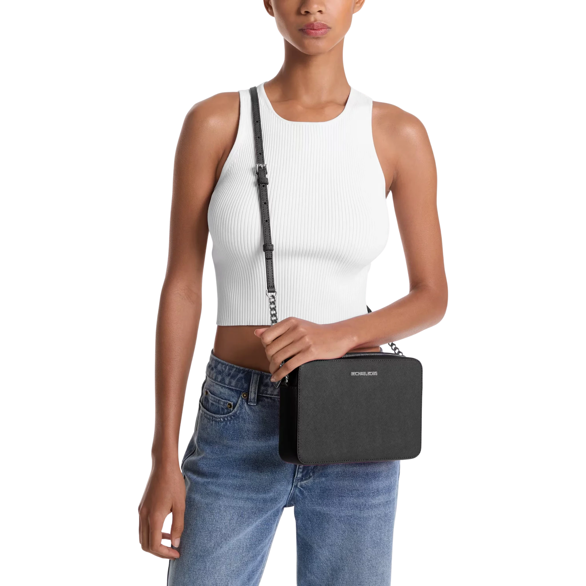 Bolsa Michael Kors Jet Set Large Saffiano Leather Crossbody Bag Silver